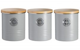 TEA COFFEE SUGAR STORAGE CANISTERS SET OF 3 STORAGE TINS GREY GRAY TYPHOON LIVING HEART OF THE HOME LYTHAM WWW.POTDOLLY.COM