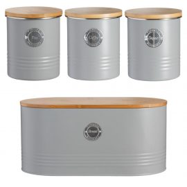 TEA COFFEE SUGAR STORAGE CANISTERS SET OF 3 STORAGE TINS AND METAL BREAD BIN GREY GRAY TYPHOON LIVING HEART OF THE HOME LYTHAM WWW.POTDOLLY.COM