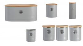 TEA COFFEE SUGAR STORAGE CANISTERS SET OF 3 STORAGE TINS UTENSILS JAR PASTA SPAGHETTI TIN BISCUIT TIN COOKIE METAL BREAD BIN GREY GRAY TYPHOON LIVING HEART OF THE HOME LYTHAM WWW.POTDOLLY.COM